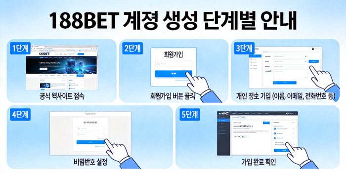 188BET 계정 생성 단계별 과정을 설명하는 안내 이미지