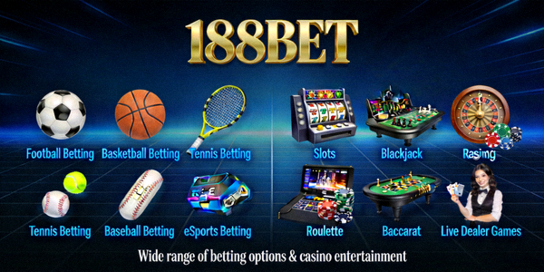 188BET에서 제공하는 다양한 스포츠 베팅과 카지노 게임 메뉴를 보여주는 이미지