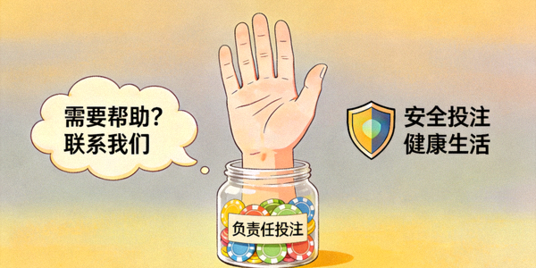 책임감 있는 베팅을 상징하는 이미지, 도움을 구하는 손과 긍정적인 메시지