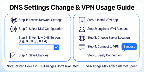 DNS 설정 변경과 VPN 사용 방법을 설명하는 안내 이미지